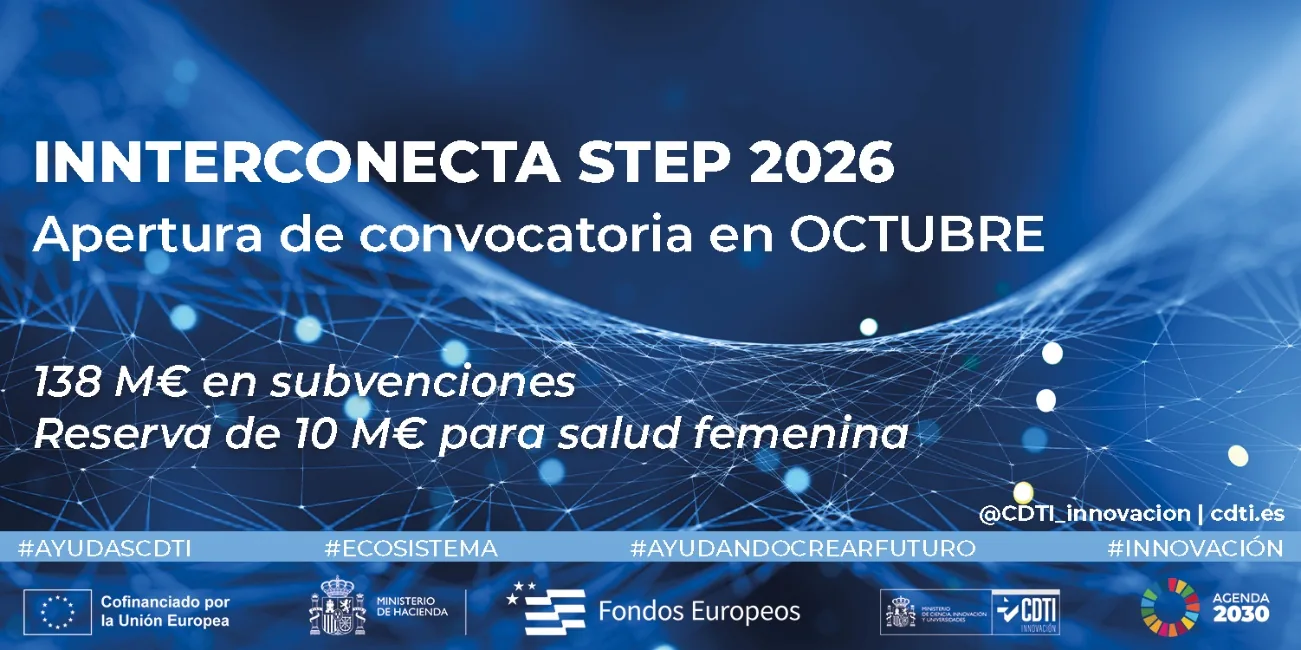 Cartel de CDTI que anuncia la apertura de Innterconecta STEP 2026 en octubre, con 138 millones en subvenciones y una reserva de 10 millones para salud femenina
