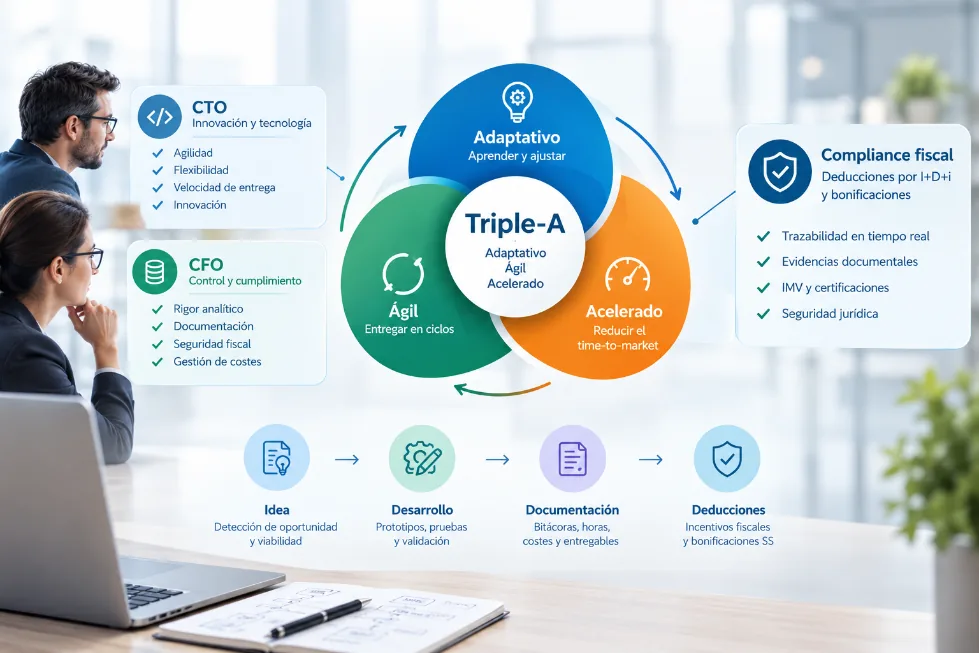 Esquema del modelo Triple-A (adaptativo, ágil y acelerado) que conecta las prioridades del CTO y del CFO con el compliance fiscal de las deducciones por I+D+i